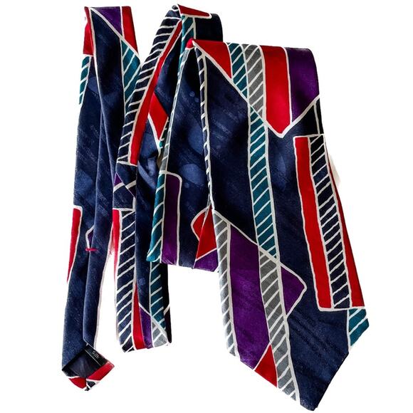 Vintage 80s Halston IIII retro abstract 100% silk tie necktie red purple 4" w - Picture 3 of 5